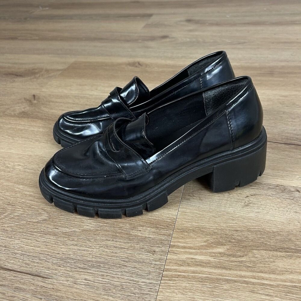 Y2K 7 Chunky Penny Loafers Black Shiny Chunky Heel Slip On Shoes - Picture 1 of 6